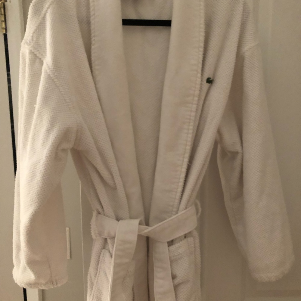 Lacoste men’s cotton weave bathrobe.